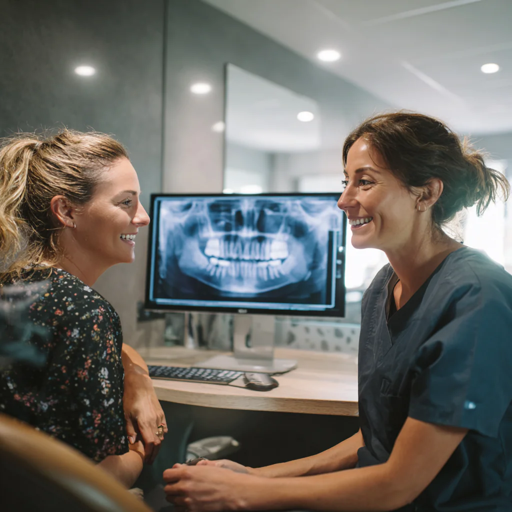 Dentist explaining a CBCT dental scan to a patient