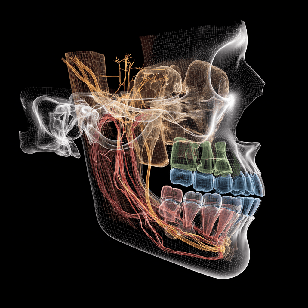 Dental CT scan showing complex wisdom teeth and nerve position