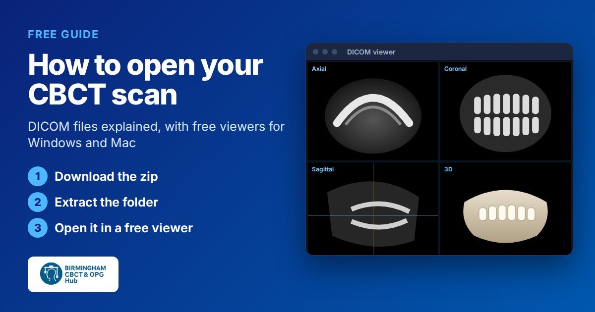 How to open your CBCT scan: download the zip, extract the folder, open it in a free DICOM viewer