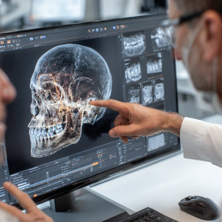 Dentist reviewing a CBCT scan for dental implant planning