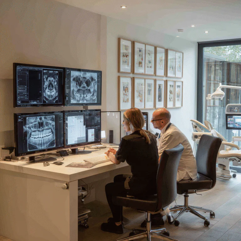 Referring dentist reviewing CBCT images on a computer