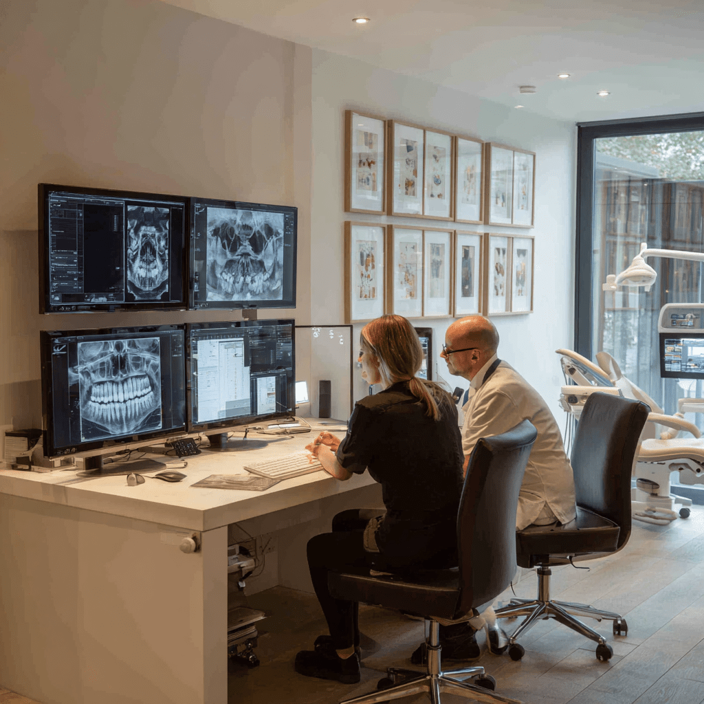 Referring dentist reviewing CBCT images on a computer