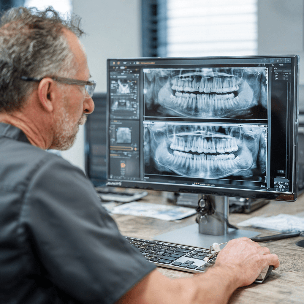 Dentist reviewing an OPG panoramic dental X-ray on a computer